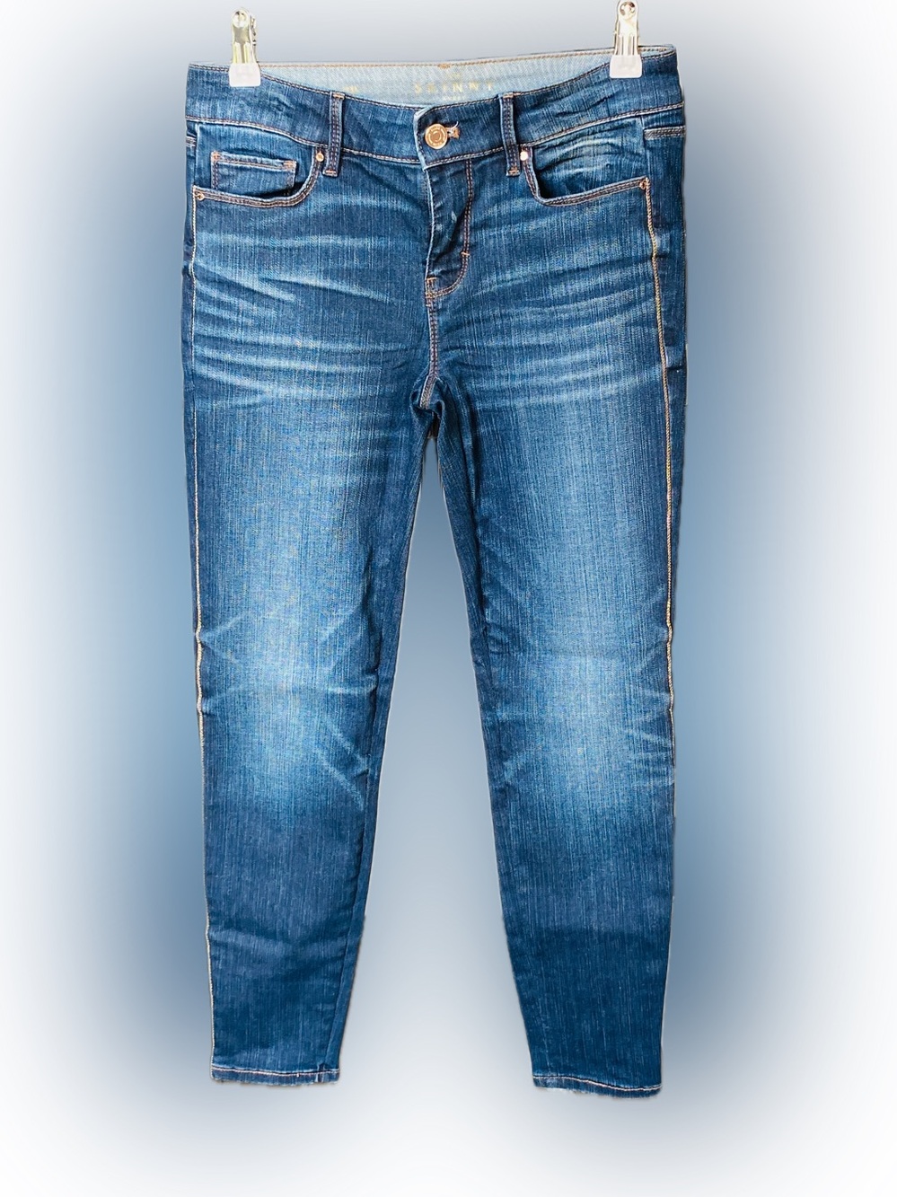WHBM Skinny Denim Blue Jeans Gold Accent Piping 2P